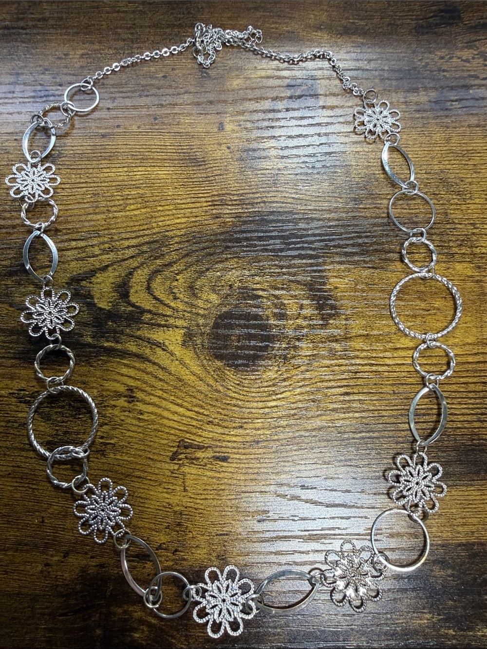 Silver Floral Link Long Necklace - Women Jewelry